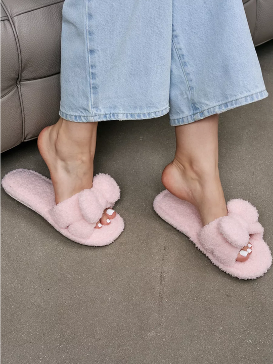 Fluffy Open-Toe Slippers with Soft Textile Upper and Cushioned Sole