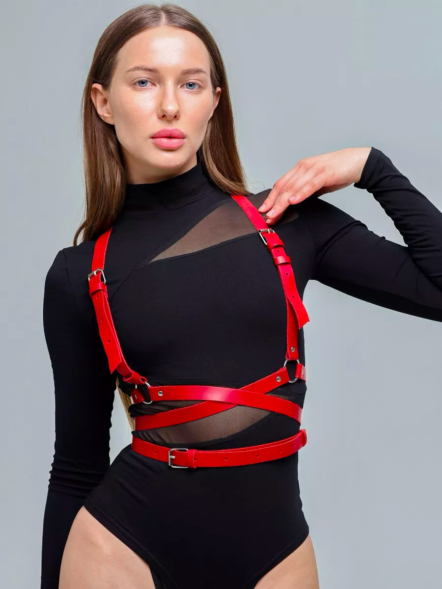 Women's Red Faux Leather Corset-Style Harness with Adjustable Shoulder and Waist Buckles
