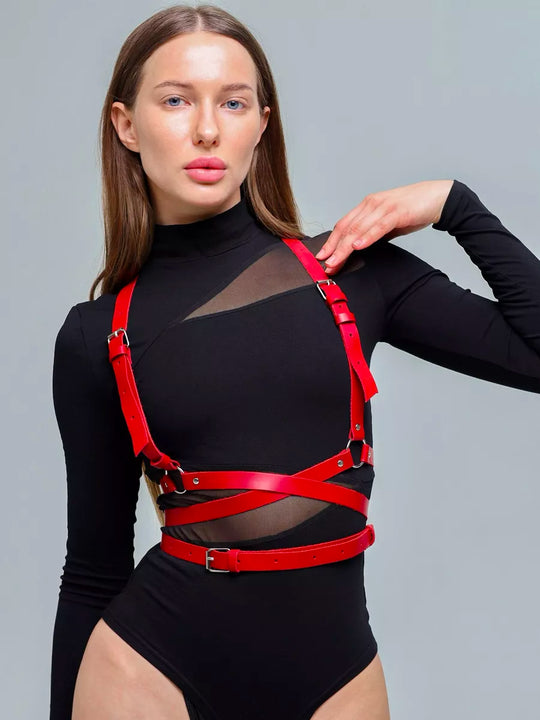 Women's Red Faux Leather Corset-Style Harness with Adjustable Shoulder and Waist Buckles