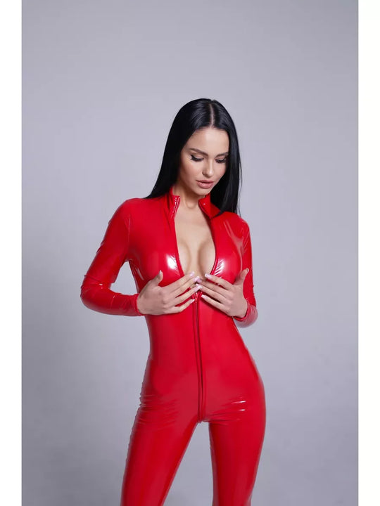 Women's Long-Sleeve Glossy Faux Leather Catsuit with Stand Collar and Front Zip
