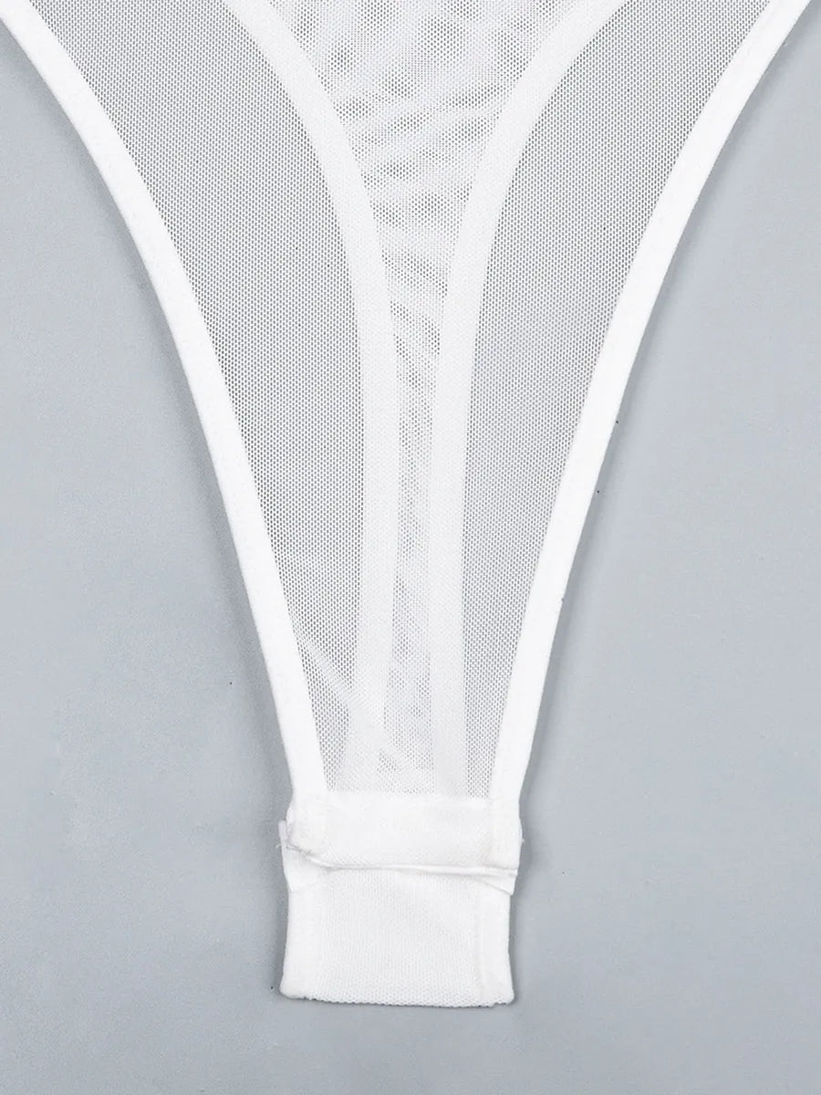 Bügel-Bodysuit für Damen aus floraler Spitze und gepunktetem Mesh mit Cage-Details und Strapsen