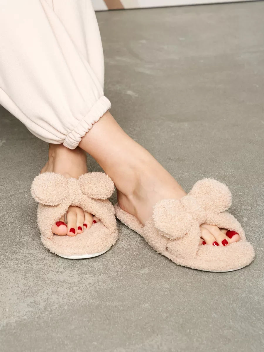 Fluffy Open-Toe Slippers with Soft Textile Upper and Cushioned Sole