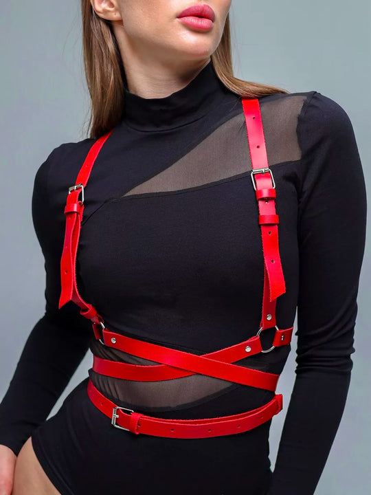 Women's Red Faux Leather Corset-Style Harness with Adjustable Shoulder and Waist Buckles