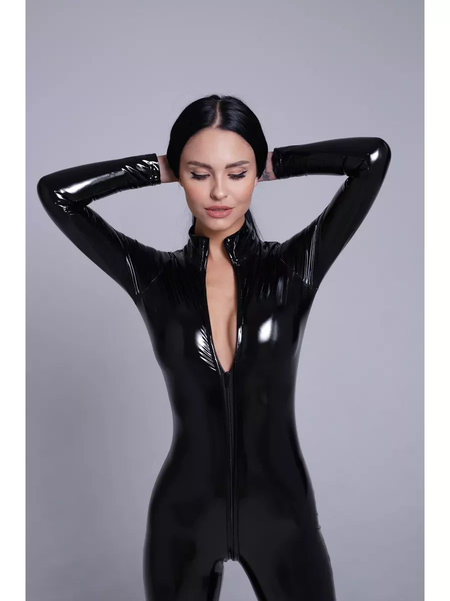 Women's Long-Sleeve Glossy Faux Leather Catsuit with Stand Collar and Front Zip