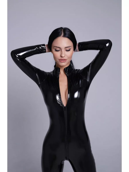 Women's Long-Sleeve Glossy Faux Leather Catsuit with Stand Collar and Front Zip