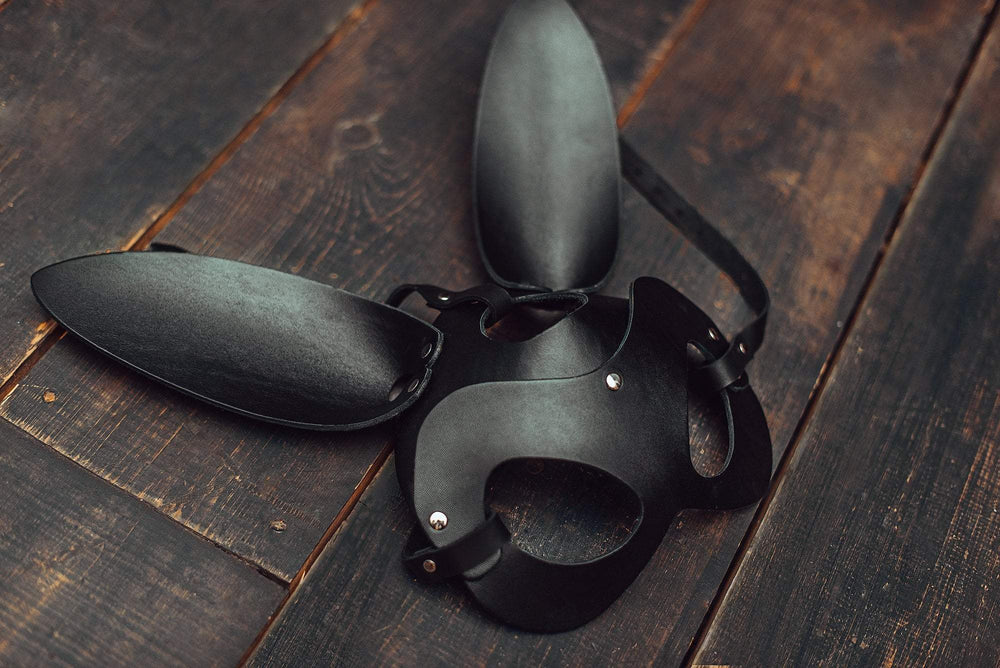 Faux Leather Bunny Mask with Shaped Ears, Silver-Tone Studs and Adjustable Back Straps