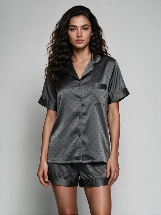 Women's Dark Grey Heart Pattern Satin Pyjama Shorts Set with Button-Front Top