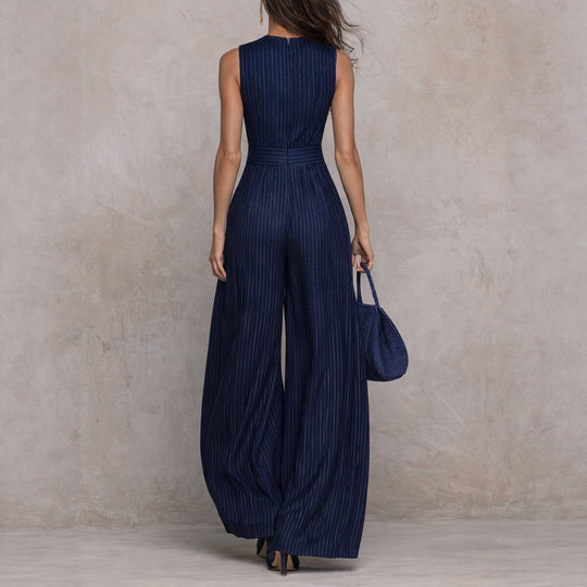 Women's Navy Blue Striped Sleeveless Wide-Leg Jumpsuit — High-Waist French Style