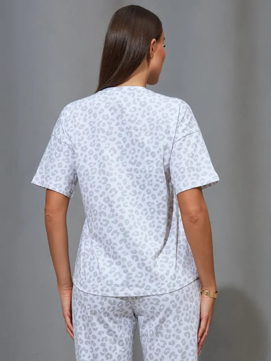 Women's Leopard Print Satin Pyjama Set with Short-Sleeve Top and Long Trousers