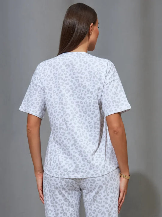 Women's Leopard Print Satin Pyjama Set with Short-Sleeve Top and Long Trousers