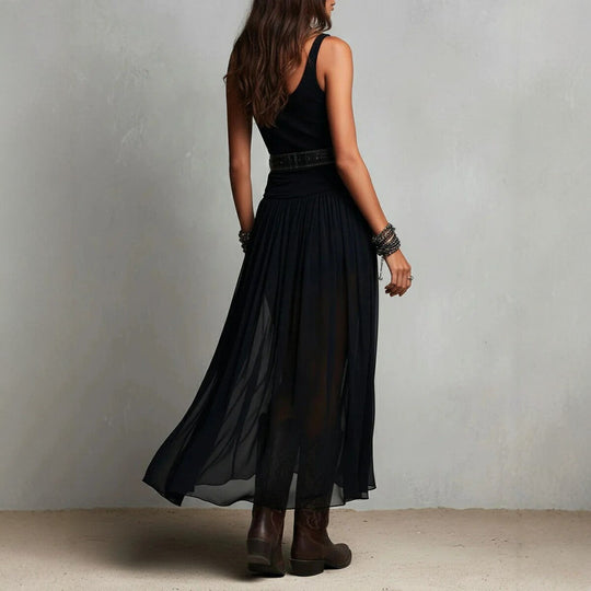 Black Mesh Strap Maxi Dress with Belt – V-Neck Pleated Long Dress