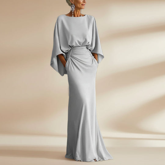 Women's Elegant Backless Pleated Batwing Sleeve Maxi Dress — Silver Mermaid Gown