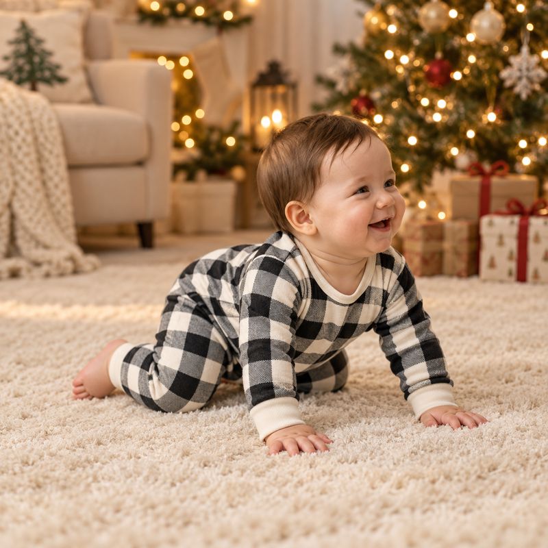 Matching Family Christmas Pyjamas - Black & Cream Plaid Bear