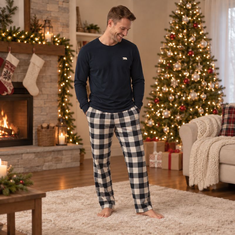 Matching Family Christmas Pyjamas - Black & Cream Plaid Bear