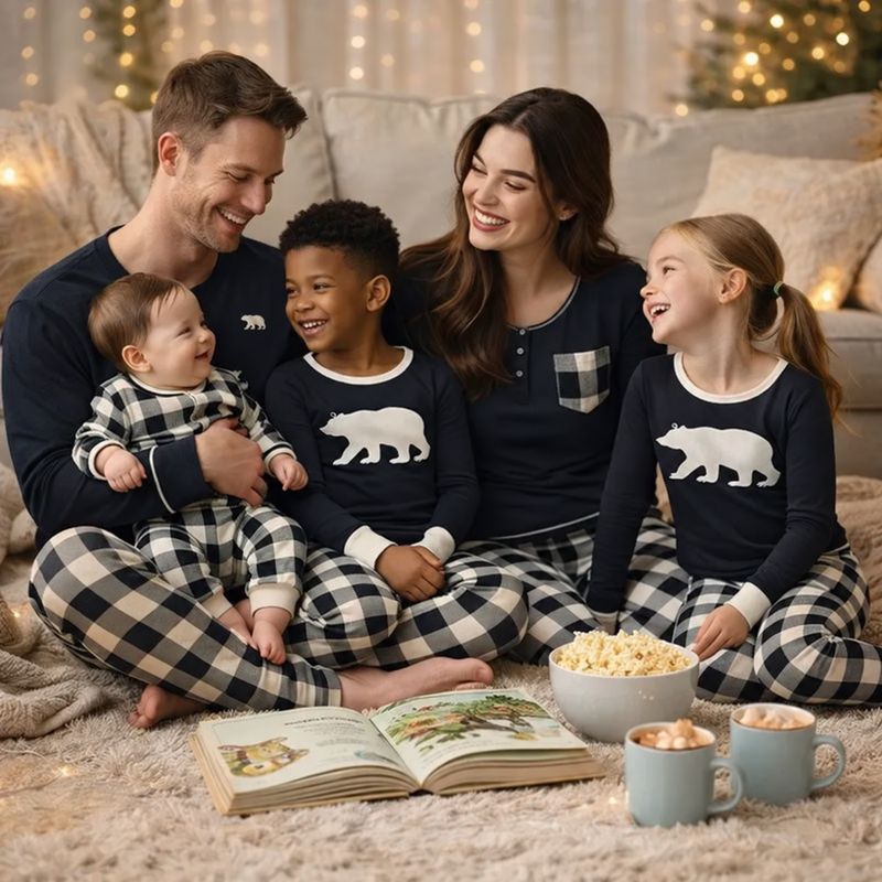 Matching Family Christmas Pyjamas - Black & Cream Plaid Bear