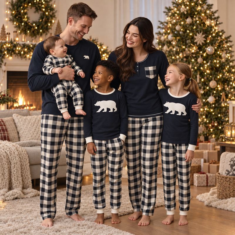 Matching Family Christmas Pyjamas - Black & Cream Plaid Bear
