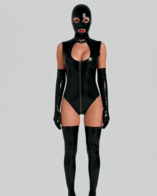 Wet-Look-Bodysuit-Set für Damen mit Frontreißverschluss, Kapuze, langen Handschuhen und Overknee-Strümpfen