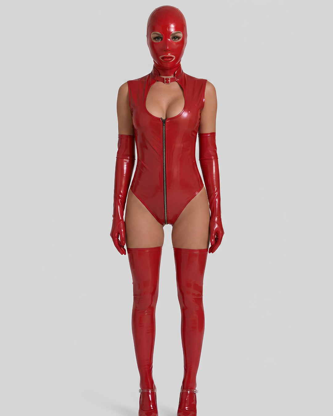 Rotes Wet-Look-Bodysuit-Set für Damen mit Frontreißverschluss, Kapuze, langen Handschuhen und Overknee-Strümpfen