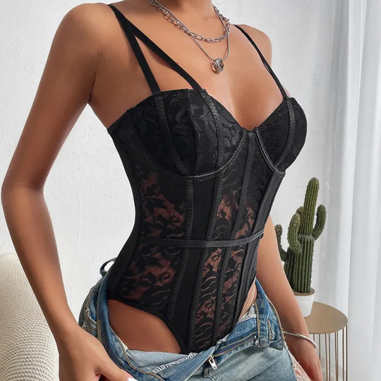 Damen-Korsett-Body mit Blumenstickerei aus Stretch-Polyester und Elastan