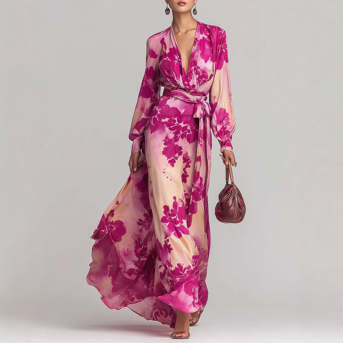Women's Printed Chiffon Long Sleeve V-Neck Tie-Up Maxi Dress — Floral Fairy Dress