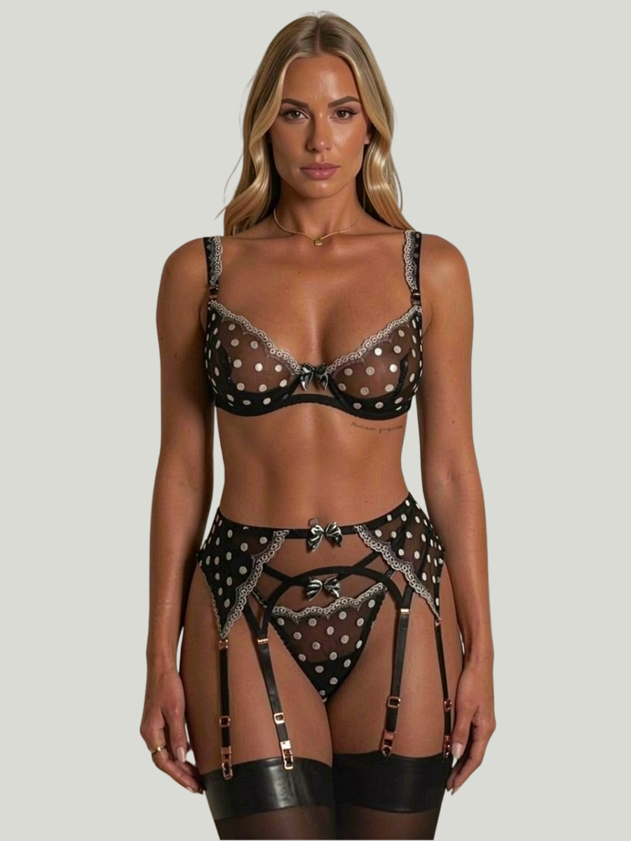 Dreiteiliges Damen-Dessous-Set aus schwarzem Mesh mit Punkten, Spitzen-BH und Strapsgürtel