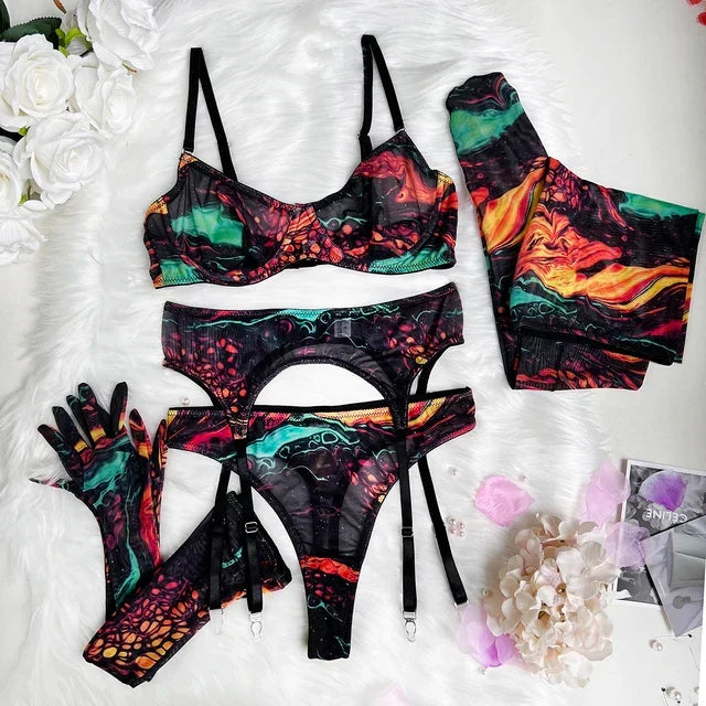 Damen-Dessous-Set im Batikdesign, 5-teilig, mit BH, Slip, Strümpfen, Handschuhen und Strapsen