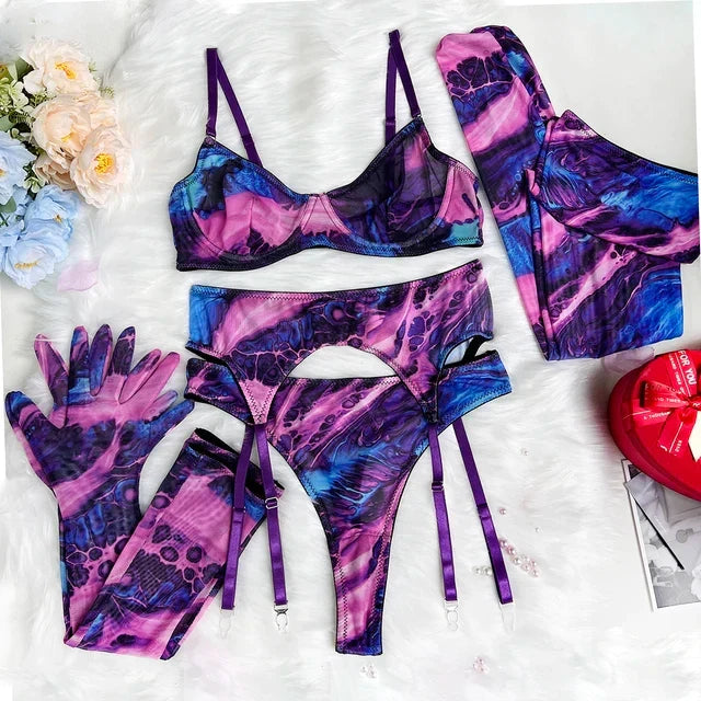 Damen-Dessous-Set im Batikdesign, 5-teilig, mit BH, Slip, Strümpfen, Handschuhen und Strapsen