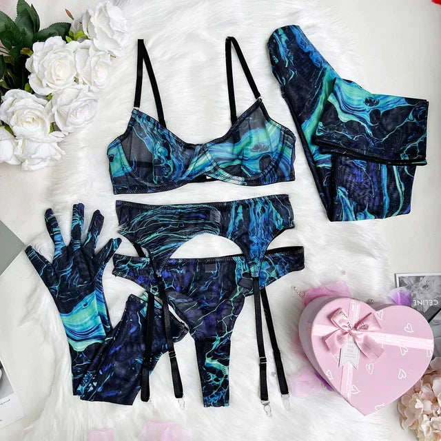 Damen-Dessous-Set im Batikdesign, 5-teilig, mit BH, Slip, Strümpfen, Handschuhen und Strapsen
