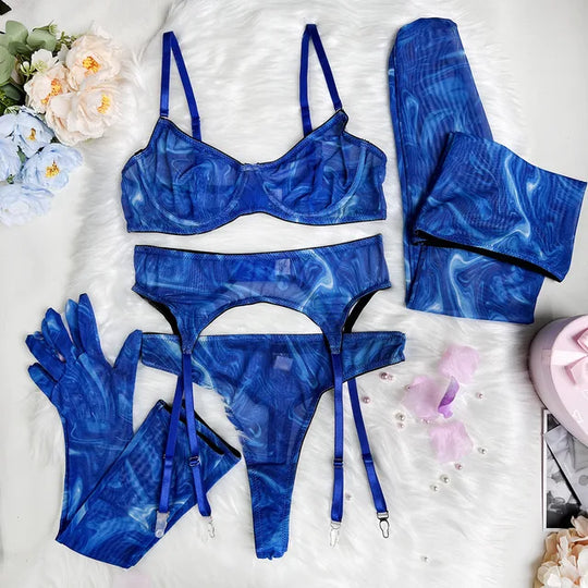 Damen-Dessous-Set im Batikdesign, 5-teilig, mit BH, Slip, Strümpfen, Handschuhen und Strapsen