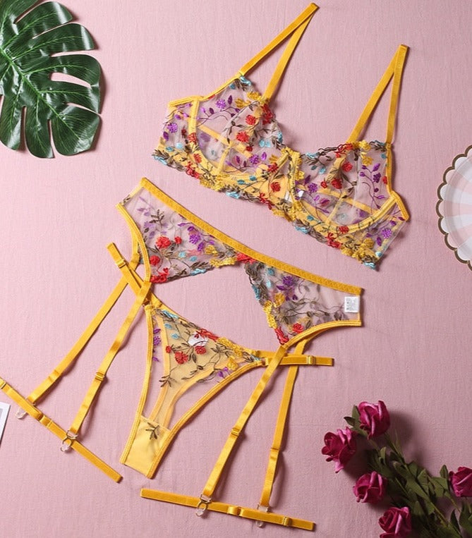 Damen-Dessous-Set aus Spitze, 3-teilig, mit BH, Slip und Strapsgürtel