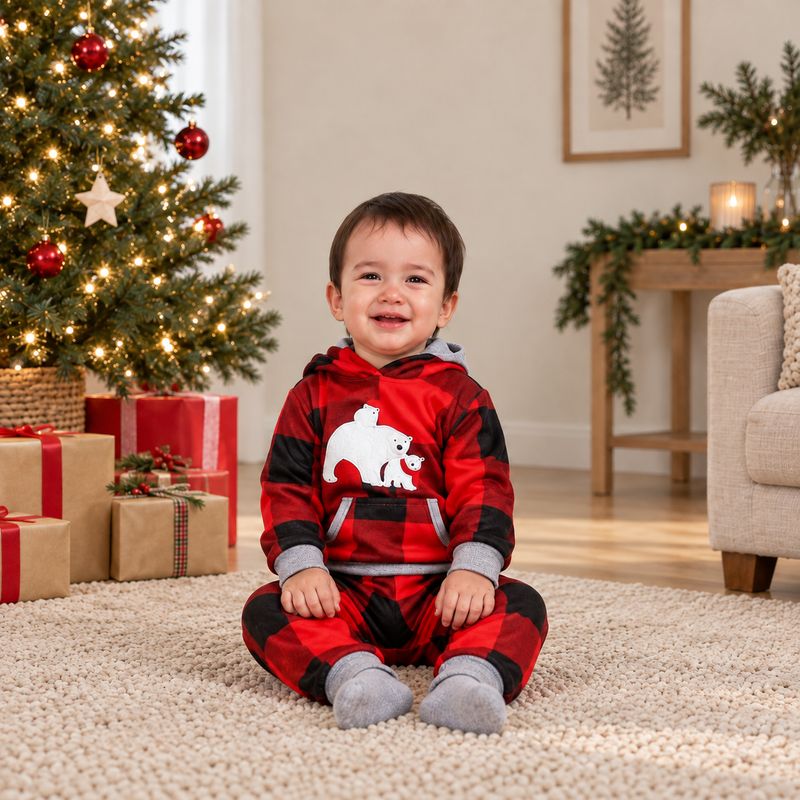 Matching Family Christmas Pyjamas - Hooded Plaid Bear