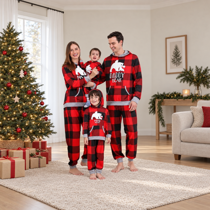 Matching Family Christmas Pyjamas - Hooded Plaid Bear
