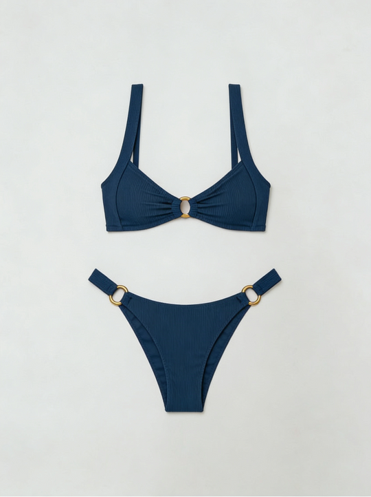 Women's Shimmering Halterneck Bikini Set with Ring Detail and High-Cut Bottoms