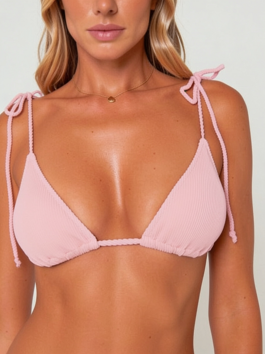 Babyrosa Triangel-Bikini-Set mit Neckholder für Damen, hoch geschnittenem String und Ringdetails