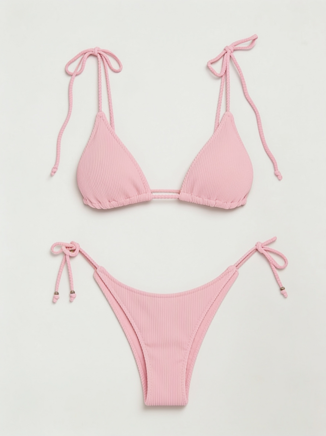 Babyrosa Triangel-Bikini-Set mit Neckholder für Damen, hoch geschnittenem String und Ringdetails