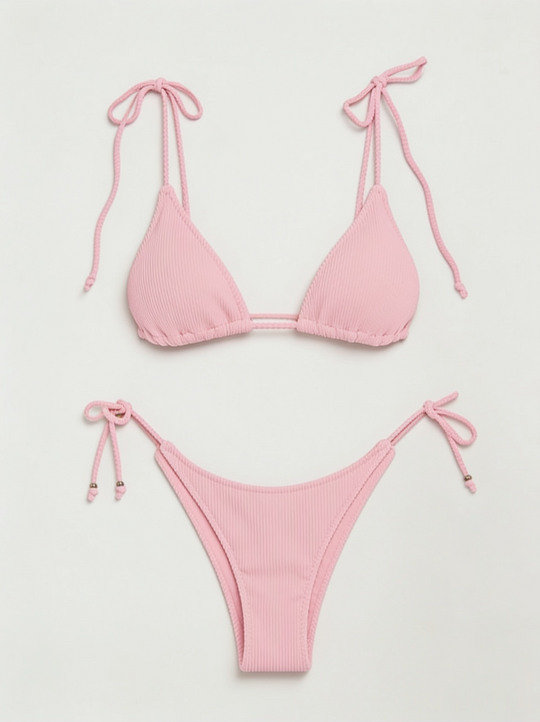 Babyrosa Triangel-Bikini-Set mit Neckholder für Damen, hoch geschnittenem String und Ringdetails