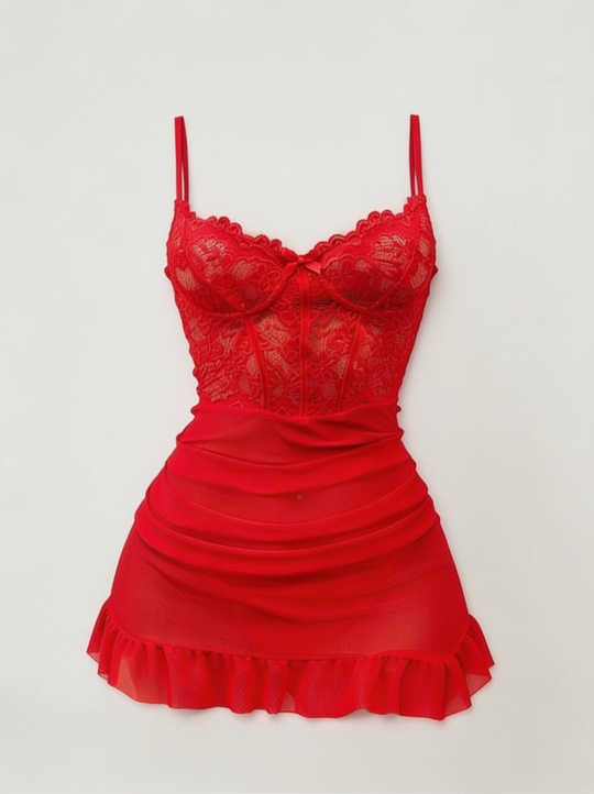 Damen-Chemise aus Blumenspitze und Mesh mit vorgeformten Cups und Rüschensaum