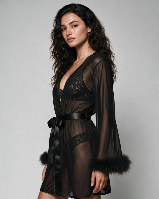 Kurzer schwarzer transparenter Mesh-Kimono für Damen mit Kunstfellfeder-Manschetten und Satinbindegürtel
