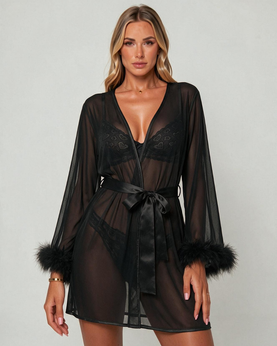 Kurzer schwarzer transparenter Mesh-Kimono für Damen mit Kunstfellfeder-Manschetten und Satinbindegürtel