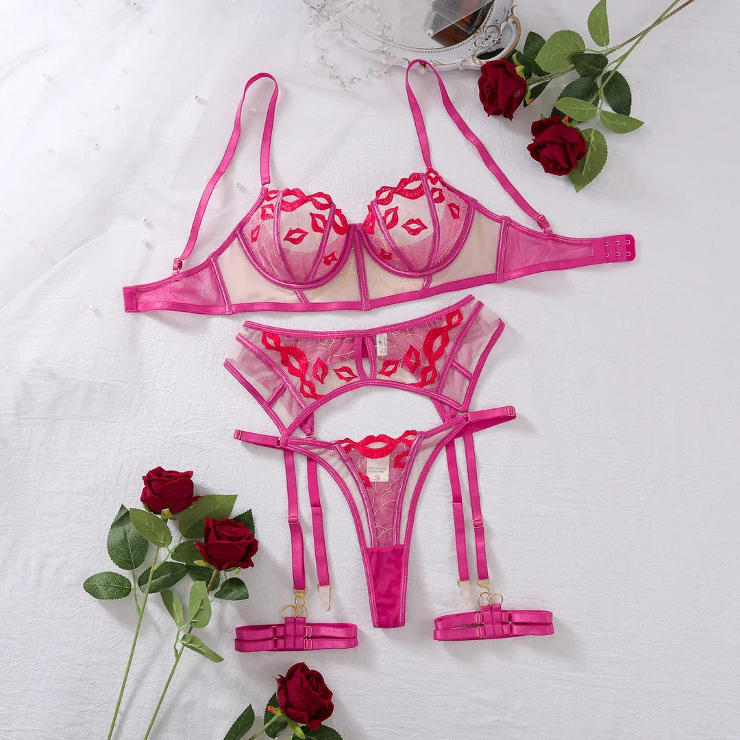 Women's Pink Mesh Kiss Embroidered 3-Piece Lingerie Set with Longline Bra and Thigh Harnesses