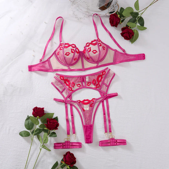 Women's Pink Mesh Kiss Embroidered 3-Piece Lingerie Set with Longline Bra and Thigh Harnesses