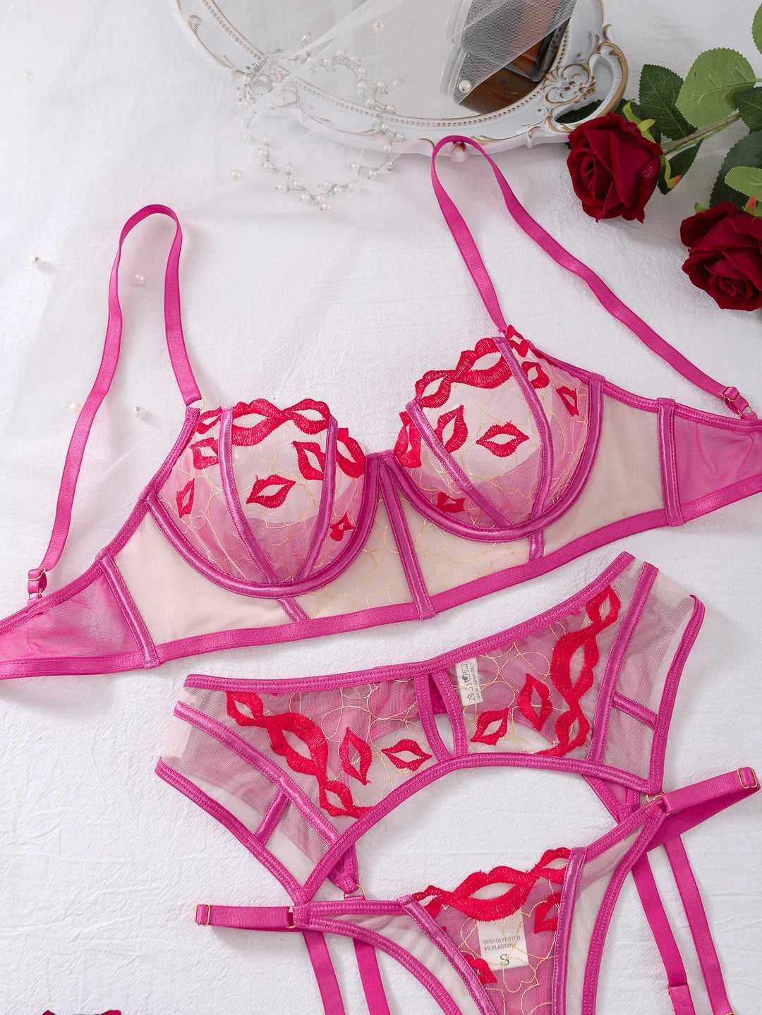 Women's Pink Mesh Kiss Embroidered 3-Piece Lingerie Set with Longline Bra and Thigh Harnesses