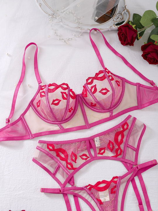 Women's Pink Mesh Kiss Embroidered 3-Piece Lingerie Set with Longline Bra and Thigh Harnesses