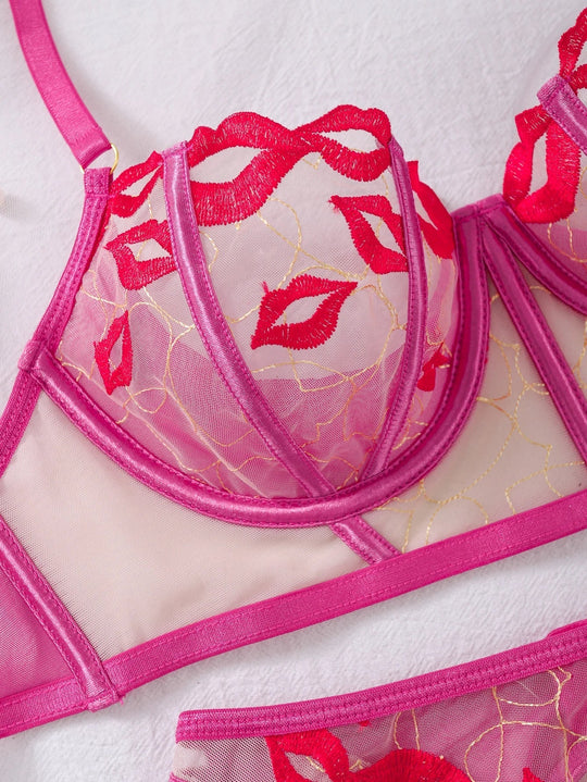 Women's Pink Mesh Kiss Embroidered 3-Piece Lingerie Set with Longline Bra and Thigh Harnesses