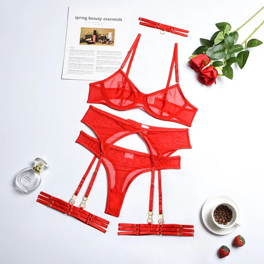 Women's Floral Mesh 4-Piece Lingerie Set with Underwired Bra, Briefs and Choker