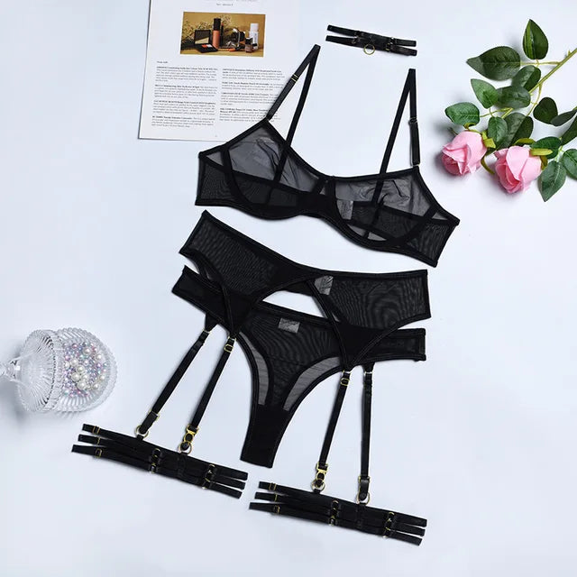 Women's Floral Mesh 4-Piece Lingerie Set with Underwired Bra, Briefs and Choker