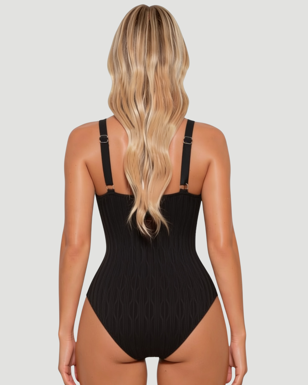 Women's Black Pleated-Effect Bodysuit with Deep V-Neck and Draped Waistband