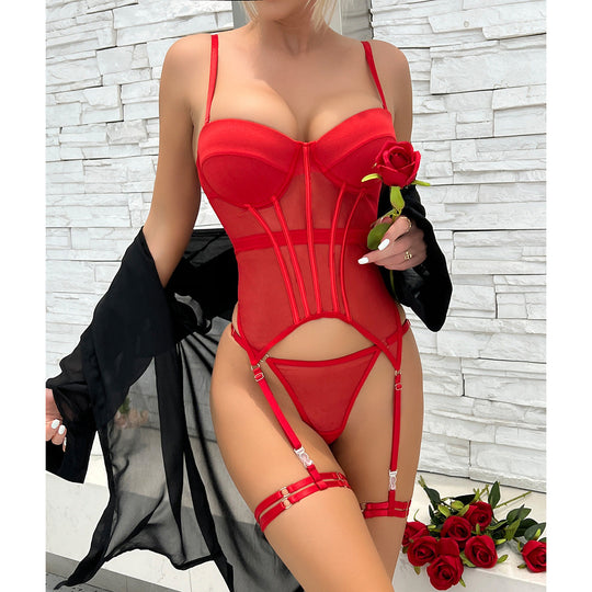 Damen-Dessous-Set, 3-teilig, mit BH, Slip und passenden Beinbändern
