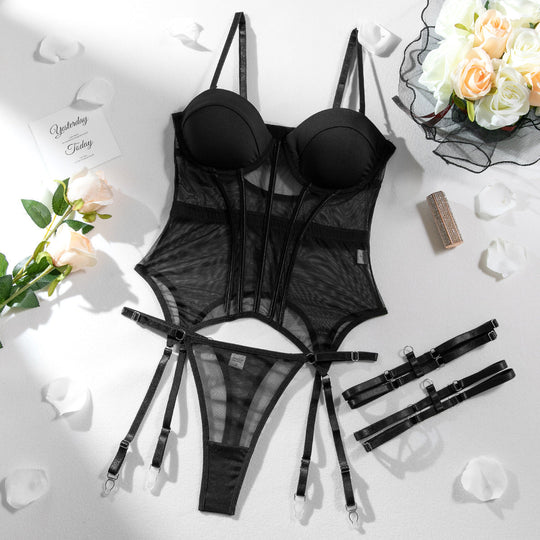 Damen-Dessous-Set, 3-teilig, mit BH, Slip und passenden Beinbändern