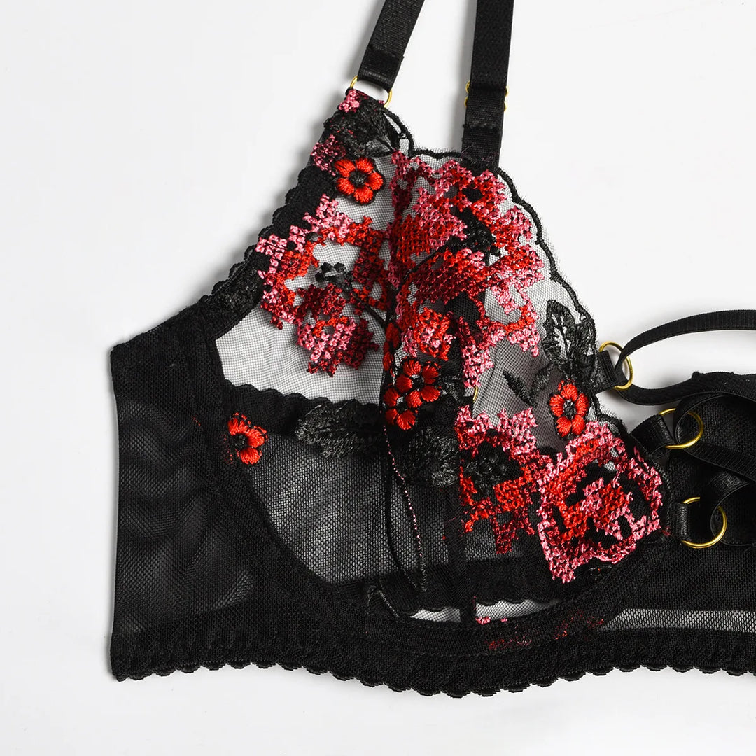 Women's Black Tulle and Red Rose 3-Piece Lingerie Set with Lace-Up Bra and Belt
